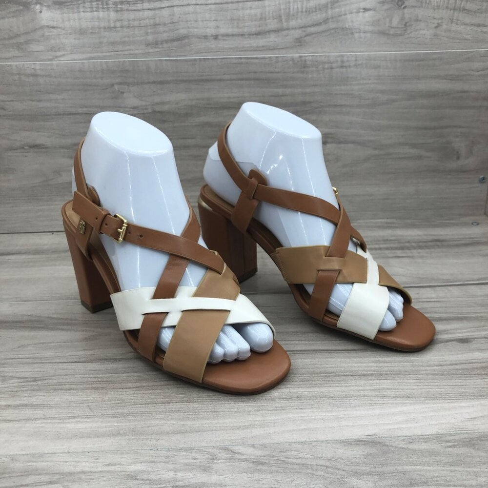 Tommy Hilfiger Sandals Womens 6.5M Brown White Buckle Strap Heeled Shoes